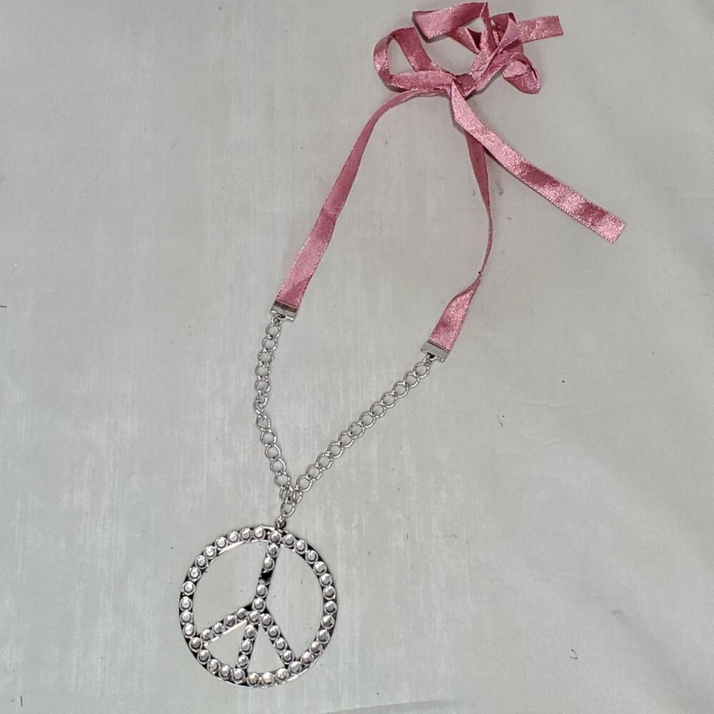 Bijou Iridescent Peace Sign silver with ribbon Necklace: - Picture 12 of 13